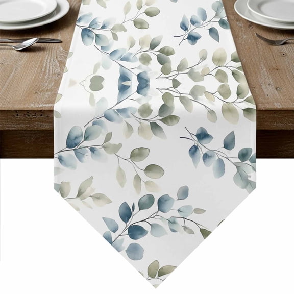 Teal Blue Botanical Table Runner Linen Burlap Table Runner 108 Inches Long Eucalyptus Leaves Watercolor Summer Dresser Scarves for Kitchen Island Coffee Dining Party Wedding Holiday Decor 13"x108"