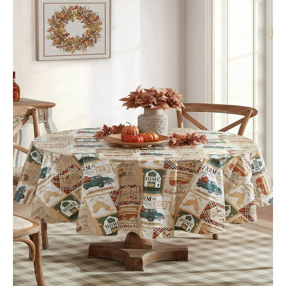 Teal Blue Brookside Autumn Farmyard Vinyl Flannel Backed Tablecloth, Farm to Table Thanksgiving Fall Cottage Harvest Wipe Clean Vinyl Tablecloth, Oval