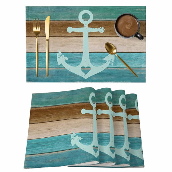 Teal Blue Brown Anchor Placemats Set of 12 Vintage Nautical Coastal Ocean Wooden Place Mats Indoor Wipeable Table Mats Washable Dining Table Placemats for Kitchen Holiday Party Home Decor 13x19 Inch