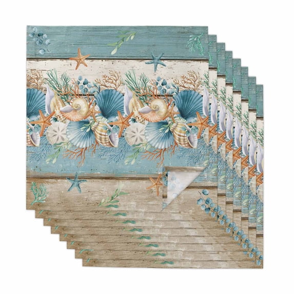 Teal Blue Brown Beach Coastal Cloth Napkins, Nautical Shell Starfish Coral Summer Washable and Reusable Dinner Napkins Set of 8, Table Napkin for Kitchen Party Birthday Wedding Hotel 20"x20"