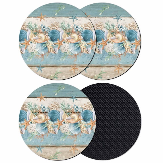 Teal Blue Brown Beach Coastal Coasters Set of 4, Absorbent Coasters for Drinks, Nautical Shell Starfish Coral Summer Coaster for Desk Coffee Table Protection, Home Decor House Warming Gifts 4"