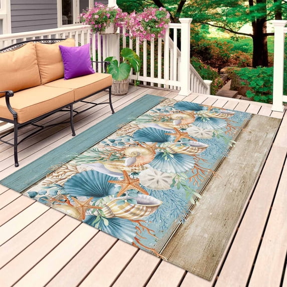 Teal Blue Brown Beach Coastal Outdoor Rug 5x7 Ft, Non Slip Washable Area Rug, Nautical Shell Starfish Coral Summer Patio Rugs Carpet Runner, Large Floor Mat for Indoor/Outdoor Deck Porch Camping