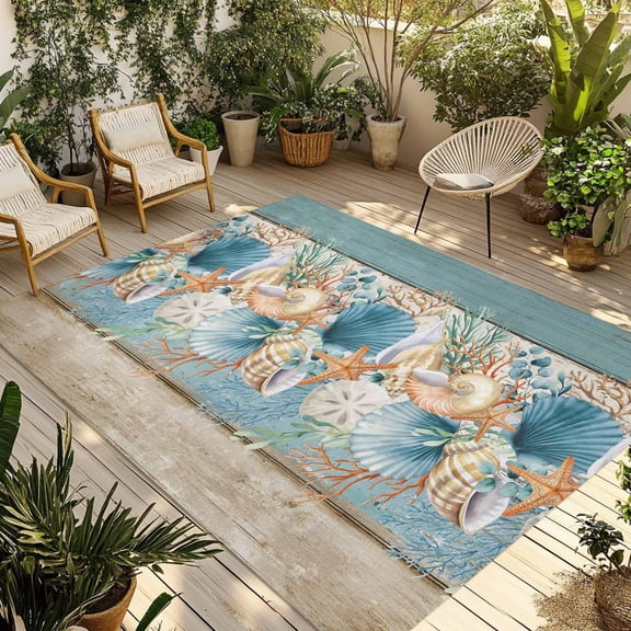 Teal Blue Brown Beach Coastal Outdoor Rug for Patio/Deck, Non-Slip Large Area Rug 6 x 9 Ft, Nautical Shell Starfish Coral Summer Indoor Outdoor Rugs Washable Area Rugs, Camping Rug Carpet Runner