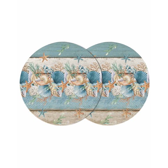 Teal Blue Brown Beach Coastal Round 13 Inch Placemats Set of 2, Nautical Shell Starfish Coral Summer HeatResistant Non Slip Place Mats for Dining Table, Wipeable Kitchen Table Mats for Housewarming