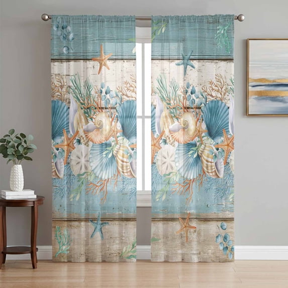Teal Blue Brown Beach Coastal Sheer Curtains 72 Inch Length 2 Panels Set Window Treatments, Nautical Shell Starfish Coral Summer Rod Pocket Semi Curtains for Living Room/Bedroom/Kitchen, 104"W x 72"L