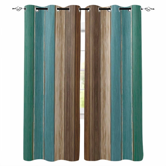 Teal Blue Brown Blackout Curtains for Bedroom/Living Room, Thermal Insulated Kitchen Curtains, Farmhouse Retro Wooden Grain Stripes Grommet Darkening Window Treatment Drapes 52"x63"x2