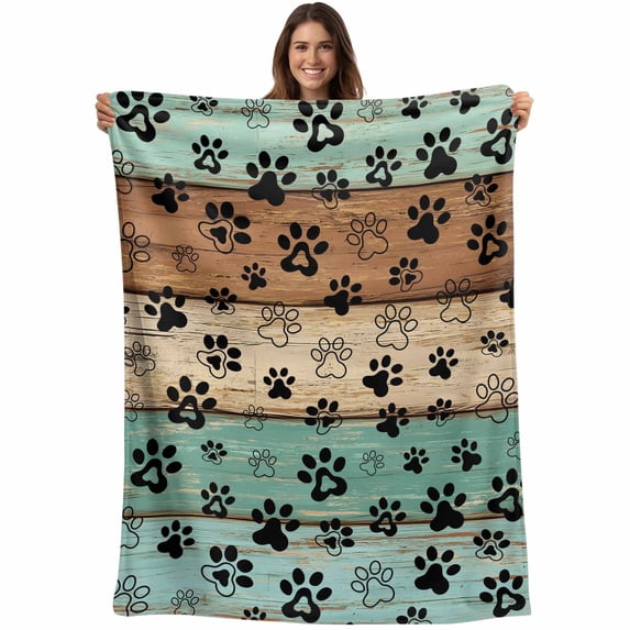 Teal Blue Brown Blanket Soft Cozy Warm Throw Blanket for Couch, Plush Fuzzy Flannel Fleece Blankets for Sofa, Rustic Farmhouse Dog Paw Vintage Bed Blankets Lightweight Gifts for Women, 40"x50"