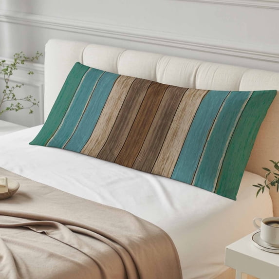 Teal Blue Brown Body Pillow Cover, Pillowcase Protectors with Zipper, Breathable Decorative Throw Pillow Case Cover, Farmhouse Retro Wooden Grain Stripes Pillow Shams for Couch Sofa 20x54Inch