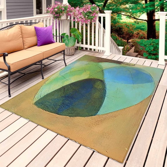 Teal Blue Brown Outdoor Rug for Patio/Deck/Porch, Non-Slip Large Area Rug 4 x 6 Ft, Modern Oil Painted Abstract Indoor Outdoor Rugs Washable Area Rugs, Reversible Camping Rug Carpet Runner