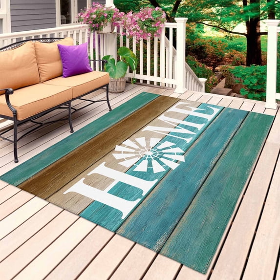 Teal Blue Brown Outdoor Rug for Patio/Deck/Porch, Non-Slip Large Area Rug 6 x 9 Ft, Home Vintage Farmhouse Retro Wooden Indoor Outdoor Rugs Washable Area Rugs, Reversible Camping Rug Carpet Runner