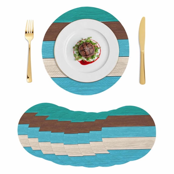 Teal Blue Brown Round 13 Inch Placemats Set of 8, Retro Farmhouse Gradient Wood HeatResistant Non Slip Place Mats for Dining Table, Wipeable Braided Kitchen Table Mats for Housewarming