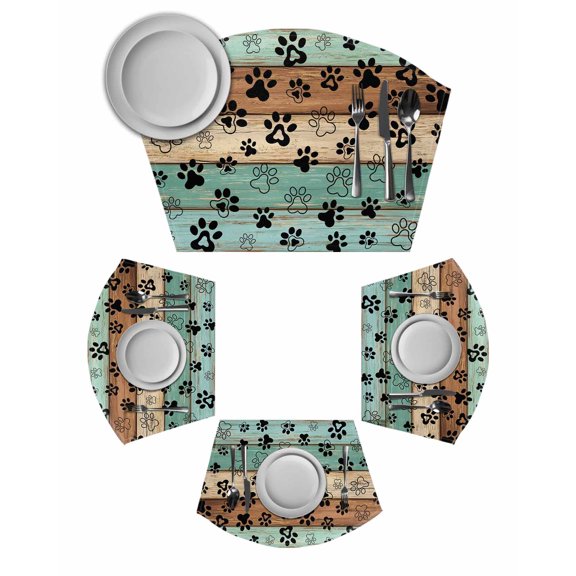 Teal Blue Brown Round Table Placemats Set of 2 Wedge Placemats, Rustic Farmhouse Dog Paw Vintage Place Mats for Dining Table Set Washable Mats Kitchen Decor for Indoor Outdoor Wipe Clean