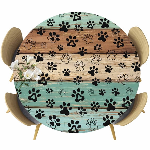 Teal Blue Brown Round Tablecloth, Fitted Table Cover with Elastic for 55"-60" Round Tables, Rustic Farmhouse Dog Paw Vintage Table Cloth Outdoor Indoor Dinning Party Waterproof Tablecloths