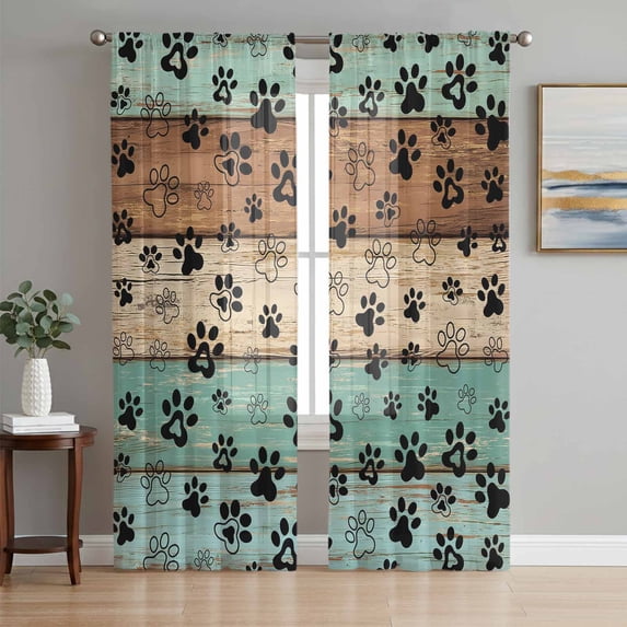 Teal Blue Brown Sheer Curtains 72 Inch Length 2 Panels Set Window Treatments, Rustic Farmhouse Dog Paw Vintage Rod Pocket Semi Curtains for Living Room/Bedroom/Kitchen Décor, 104"W x 72"L
