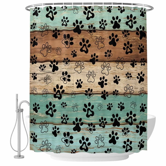 Teal Blue Brown Shower Curtain, Waterproof Shower Curtains for Bathroom, Rustic Farmhouse Dog Paw Vintage Washable Fabric Bathtub Curtain Set Bath Decor with 12 Hooks 48"x72"