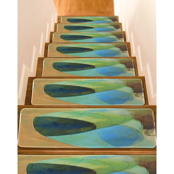 Teal Blue Brown Stair Treads for Wooden Steps Indoor Runner Rug Carpet, Modern Oil Painted Abstract 4 Pieces Peel and Stick Staircase Step Treads Covers Washable Throw Door Mats, 30"x8"
