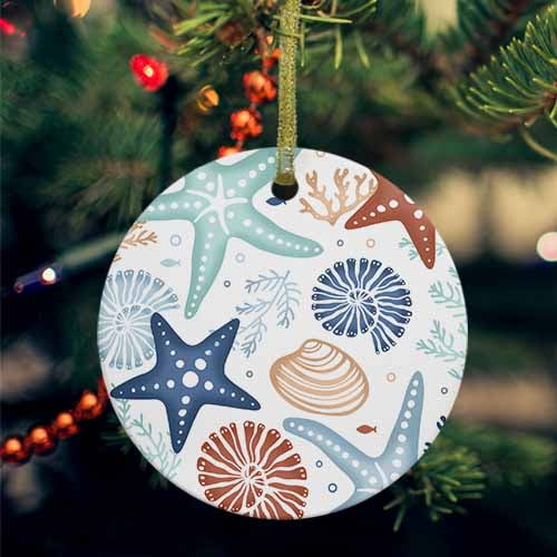 Teal Blue Brown Starfish Coastal Ceramic Ornaments, Summer Beach Nautical Coral Sea Round Porcelain Hanging Ornaments with Gold String, Xmas Decorations Keepsake Gifts for Holiday Home Party 3''
