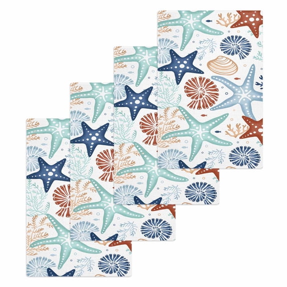 Teal Blue Brown Starfish Coastal Kitchen Dish Towels for Drying Dishes Set of 4, Summer Beach Nautical Coral Sea Waffle Weave Microfiber Hand Tea Bathroom Towels Quick Dry & Absorbent Towel 15.7x23.6
