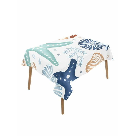 Teal Blue Brown Starfish Coastal Table Cloth, Summer Beach Nautical Coral Sea Waterproof Tablecloth for Rectangle Tables, Washable Fabric Table Cover for Restaurant Kitchen Dining Tables 60"x84"