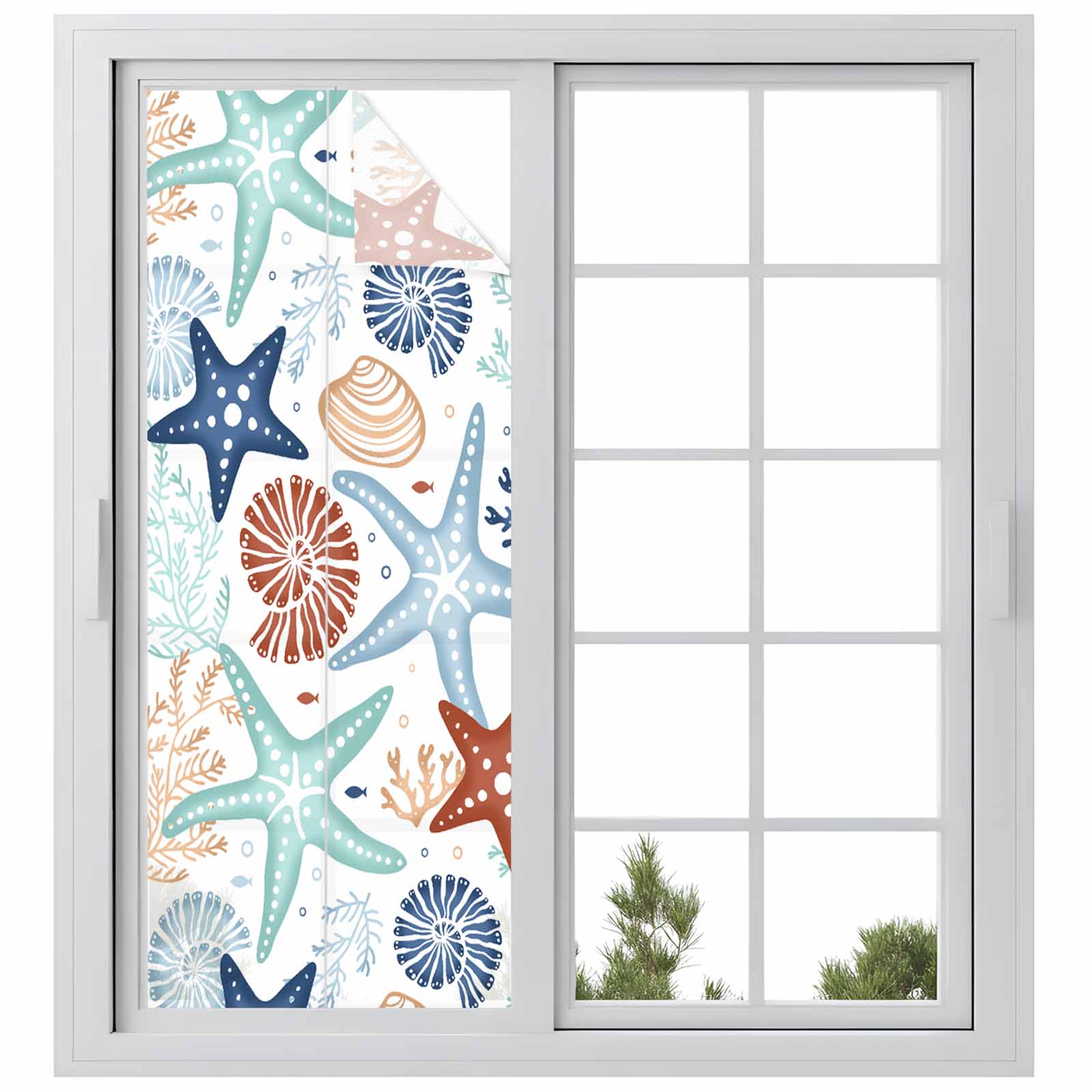 Teal Blue Brown Starfish Coastal Window Privacy Film, Summer Beach ...