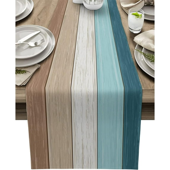 Teal Blue Brown Table Runner, Beach Cotton Linen Tablecloth Summer Holiday Farmhouse Table Decorations for Home,Kitchen,Dining Room,Indoor,Outdoor,13X72 Inches Long,Retro Rustic Barn Wood Texture