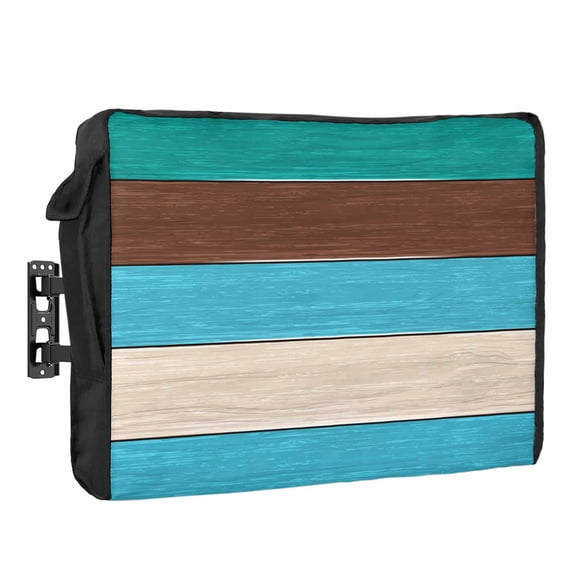 Teal Blue Brown Wood Grain Outdoor TV Cover 30 to 32 inch Weatherproof Waterproof, Farm Barn Wooden Stripes TV Enclosures with Remote Control Pocket Flat Screen Protector for Outside