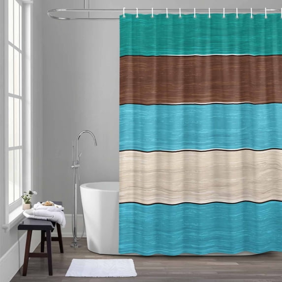 Teal Blue Brown Wood Grain Shower Curtain for Bathroom Decor, Farm Barn Wooden Stripes Waterproof Fabric Shower Curtain, 66"x72" Set with 12 Hooks