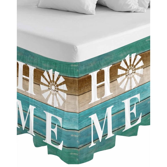Teal Blue Brown Wrap Around Bed Skirts for Queen Bed 16" Drop,Bed Skirt with Adjustable Elastic Belt Dust Ruffle Bed Valance for Bedroom Hotel Home Vintage Farmhouse Retro Wooden Bed Frame Cover