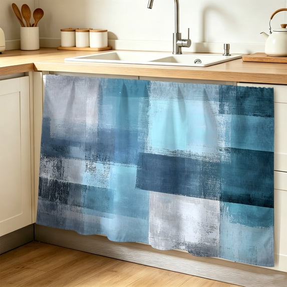 Teal Blue Cabinet Curtain 32"Wx55"L,Dustproof Pantry Door Curtain W/ Self Adhesive Tape,Modern Oil Painting Abstract Ombre Geometric Tall Storage Cover Privacy Drape for Bathroom Kitchen Laundry Room