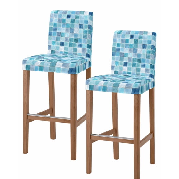 Teal Blue Checkered Bar Stool Covers Set of 2, Farmhouse Plaid Buffalo Elegant Geometric Stretch Bar Chair Covers with Backs, Removable Pub Counter Height Chair Cover for Kitchen Dining Room Cafe