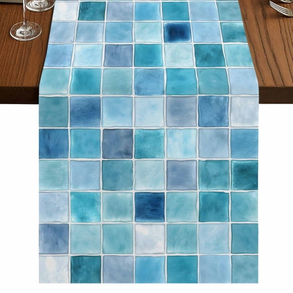 Teal Blue Checkered Burlap Cotton Table Runner 13x70 Inches Long, Farmhouse Plaid Buffalo Elegant Geometric Farmhouse Table Runners, Outdoor Dining Tablecloths Decor for Baby Shower/Party/Wedding