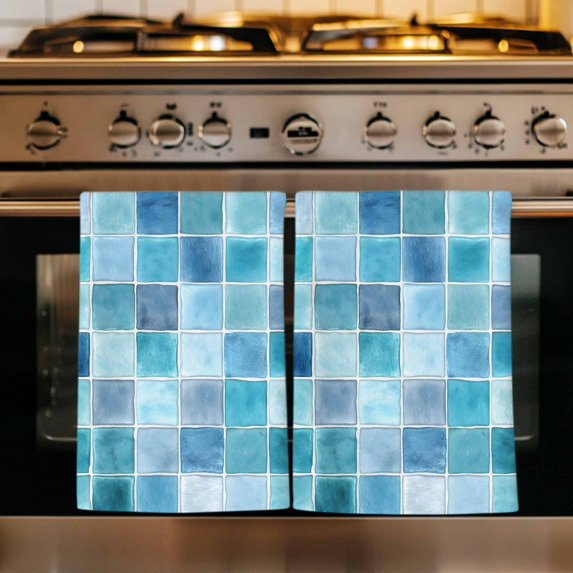 Teal Blue Checkered Kitchen Towels Set of 2, Farmhouse Plaid Buffalo Elegant Geometric Absorbent Dish Towels for Kitchen, Microfiber Hand Towel, Quick Drying Tea Towel for Cleaning Dishcloths