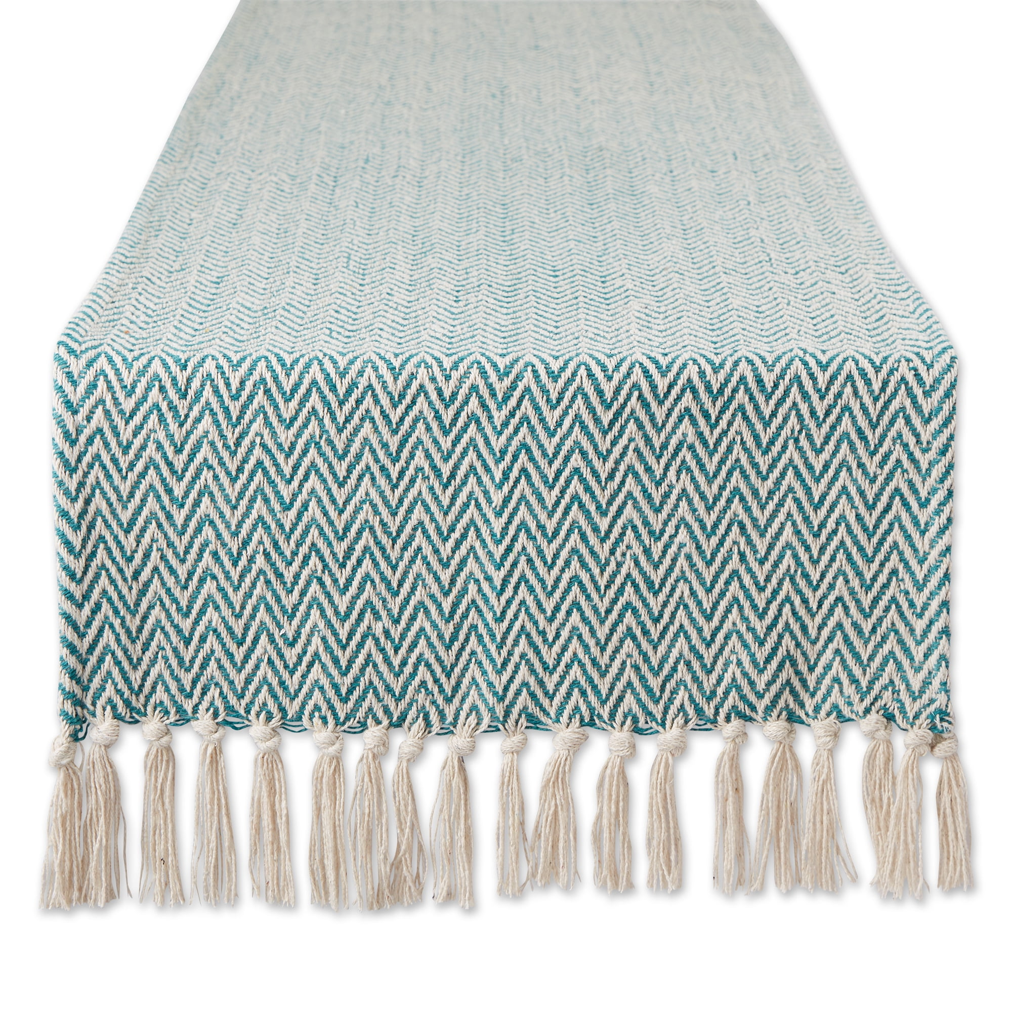 Teal and White Cotton Chevron Table Runner with Fringe