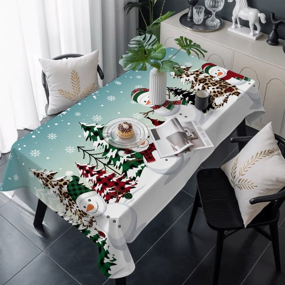 Teal Blue Christmas Table Cloth Waterproof Tablecloths, Snowman Xmas Tree Winter Snowflake Tablecloth Dining Table Cover for Kitchen Party Tabletop Outdoor, Rectangle Tablecloth 54x108 Inch