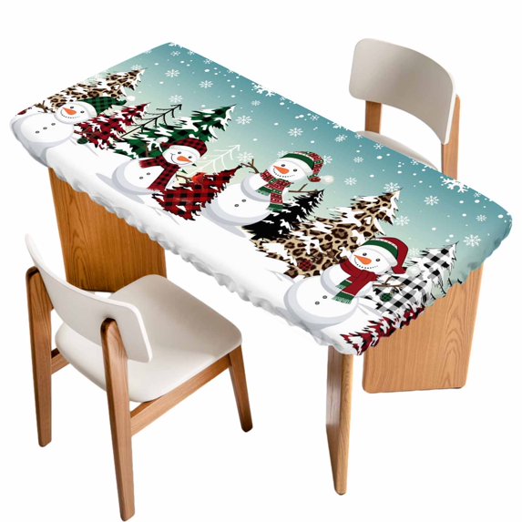 Teal Blue Christmas Table Cloths for 6 Foot Rectangle Tables, Snowman Xmas Tree Winter Snowflake Patio Waterproof Elastic Fitted Tablecloths, Washable Rectangular Table Cover for Camping