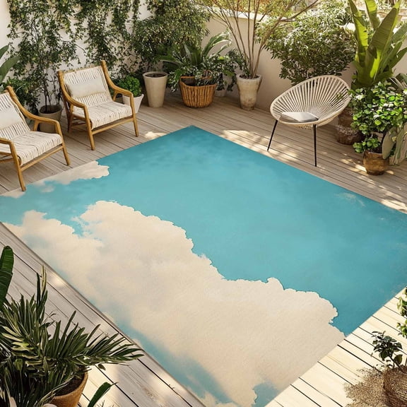 Teal Blue Cloudy Sky Outdoor Rug 5x8 Ft - Reversible Patio Rug Outdoor Camping Rugs, Modern Clouds Nature Scenery Washable Indoor Outdoor Area Rugs, Non-Slip Outdoor Carpet Runner for Deck/Porch