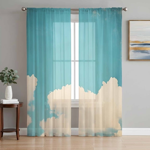 Teal Blue Cloudy Sky Sheer Curtains 63 Inch Length 2 Panels Set, Modern Clouds Nature Scenery Voile Window Treatment Rod Pocket Curtains Sheers Drapes for Bedroom/Living Room/Kitchen 52x"63"x2