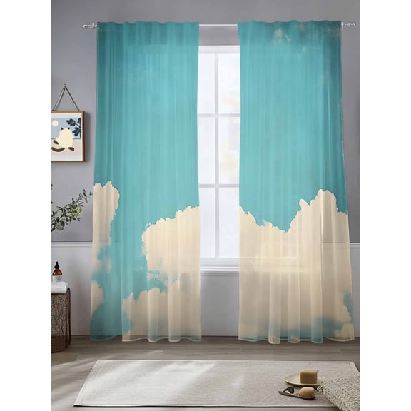 Teal Blue Cloudy Sky Sheer Curtains for Living Room Bedroom Modern Clouds Nature Scenery Sheer Curtains 108 Inch Long 2 Panels Set Light Filtering Curtain Window Treatments Drapes for Dining Room
