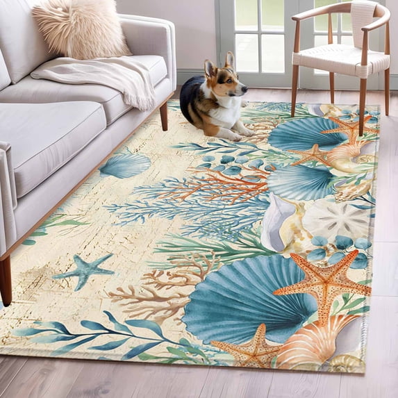 Teal Blue Coastal Area Rugs 2.7'x5', Small Throw Rugs for Kitchen Bedroom, Summer Beach Starfish Shell Coral Nautical Retro Indoor Outdoor Rug Non-Slip Low Pile Carpet Runner Reversible Floor Mats