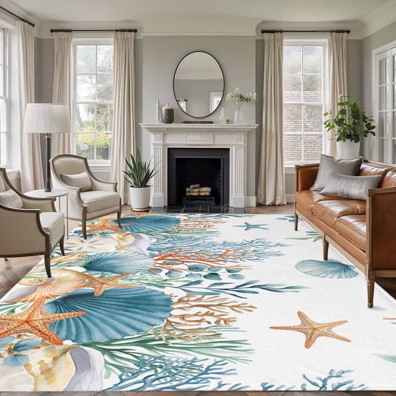 Teal Blue Coastal Area Rugs 8'x10', Small Throw Rugs for Living Room Patio, Summer Beach Starfish Shell Coral Nautical Indoor Outdoor Rug Non-Slip Low Pile Carpet Runner Reversible Floor Mats