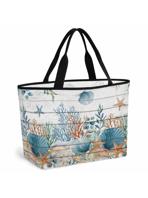 Teal Blue Coastal Beach Bag for Women,Large Breathable Mesh Beach Tote Bag,Summer Beach Starfish Shell Coral Nautical Vintage Sandproof Lightweight Travel Bags for Vacation Picnic Swimming Pool