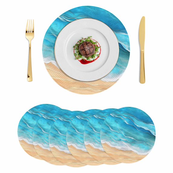 Teal Blue Coastal Beach Round 15 Inch Placemats Set of 6, Summer Nautical Ocean Beige Seaside HeatResistant Non Slip Place Mats for Dining Table, Wipeable Braided Kitchen Table Mats for Housewarming