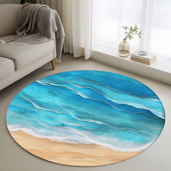 Teal Blue Coastal Beach Round Area Rug 4Ft Washable Circle Rugs for Bedroom Dining Room, Summer Nautical Ocean Beige Seaside Non-Slip Carpet Floor Mats Indoor Outdoor Carpet Runner Home Decor