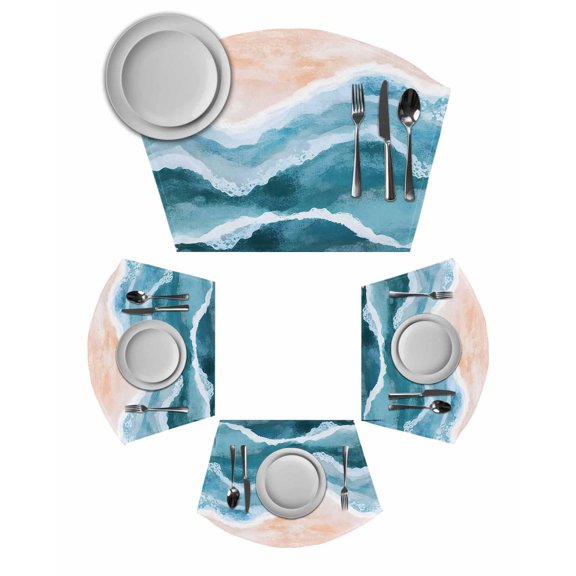 Teal Blue Coastal Beach Round Table Placemats Set of 2 Wedge Placemats, Modern Oil Painting Nautical Place Mats for Dining Table Set Washable Mats Kitchen Decor for Indoor Outdoor Wipe Clean