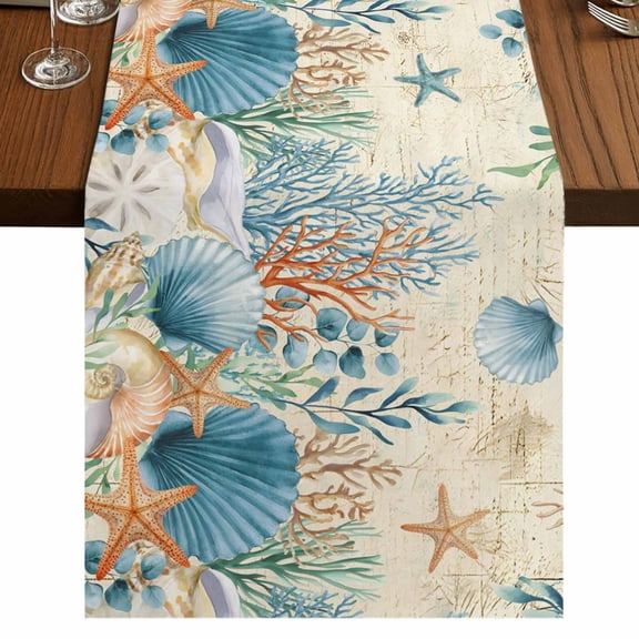 Teal Blue Coastal Burlap Cotton Table Runner 13x60 Inches Long, Summer Beach Starfish Shell Coral Nautical Retro Farmhouse Table Runners, Outdoor Dining Tabletop Decor for Baby Shower/Party/Wedding