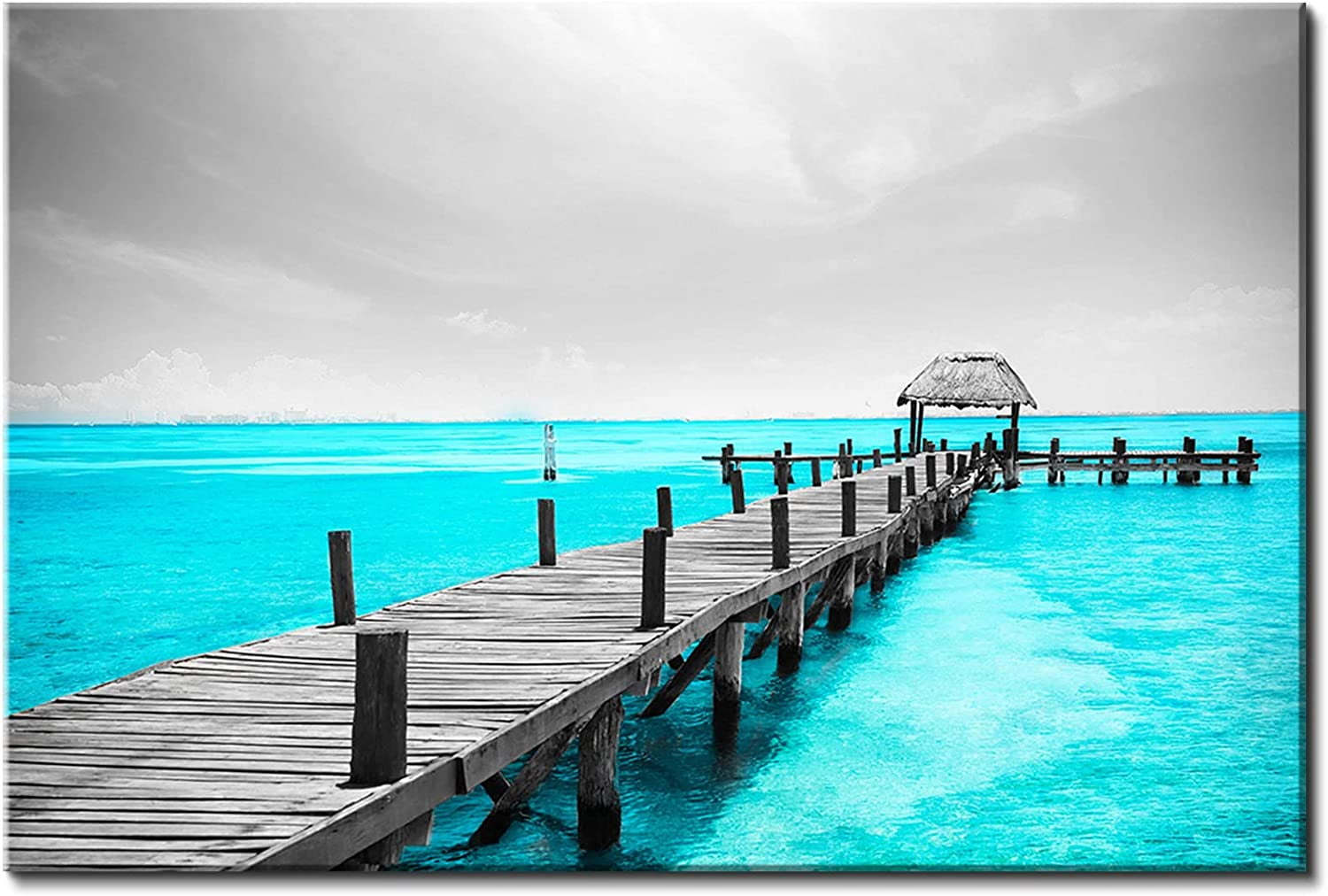 Teal Blue Coastal Canvas Wall Art for Bathroom, Black and White Beach ...