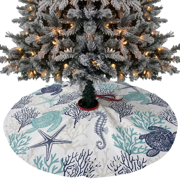 Teal Blue Coastal Christmas Tree Skirt 48 Inches, Sea Turtle Nautical Coral Summer Beach Xmas Trees Skirt Mat Cover Decorations for Holiday Party Indoor Outdoor