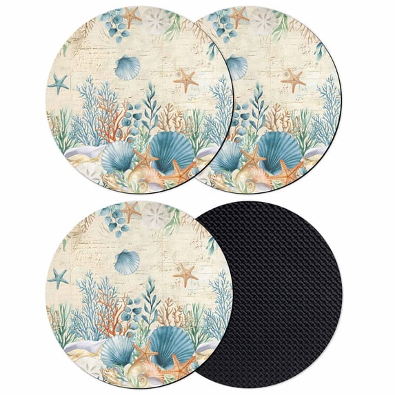 Teal Blue Coastal Coasters Set of 4, Absorbent Coasters for Drinks, Summer Beach Starfish Shell Coral Nautical Retro Coaster for Desk Coffee Table Protection, Home Decor House Warming Gifts 4"