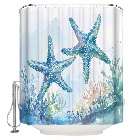 Teal Blue Coastal Coral Bathroom Shower Curtains with 12 Hooks Polyester Waterproof Shower Curtain for Stalls and Bathtubs Summer Ocean Watercolor Starfish Decorative Bathroom Curtain 72x96 Inches