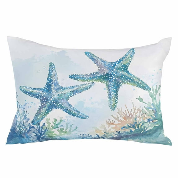 Teal Blue Coastal Coral Throw Pillow Cover 20 x 30 Inch Decorative Pillow Cover Summer Ocean Watercolor Starfish Lumbar Pillowcase Seasonal Rectangle Cushion Case for Couch Sofa Bed Living Room